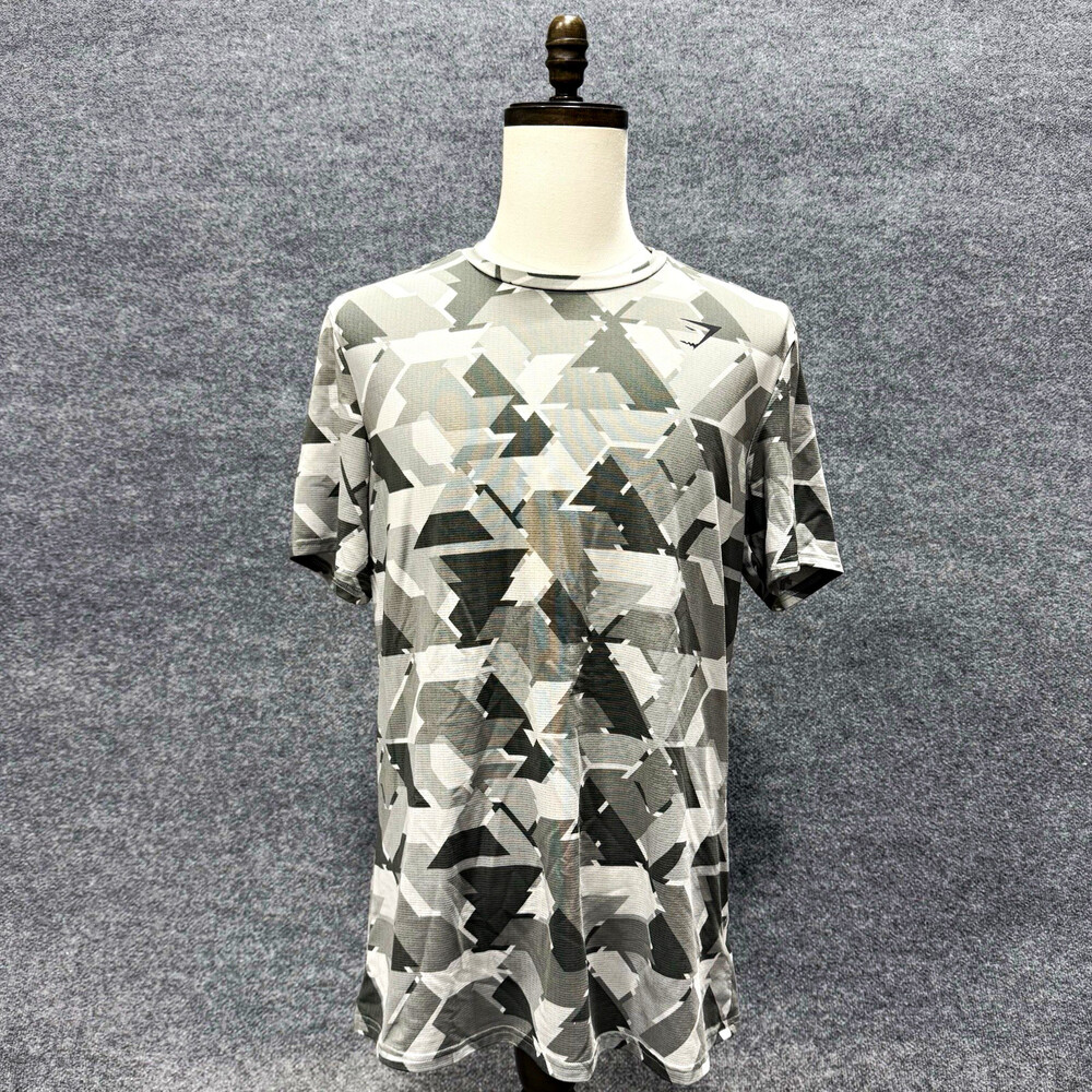 Gymshark Mens Large Camo Geometric Training Shirt Gray Black Athletic Gym Tee
